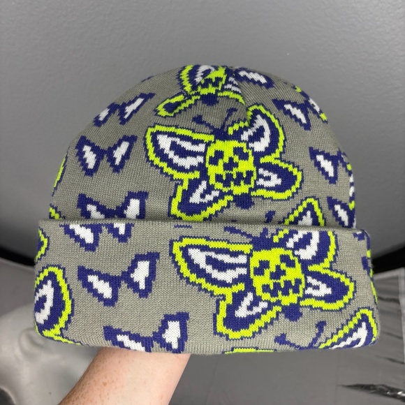 Corduroy Beanie - Gray, Purple & Neon Green Butterfly Design - Picture 5 of 8